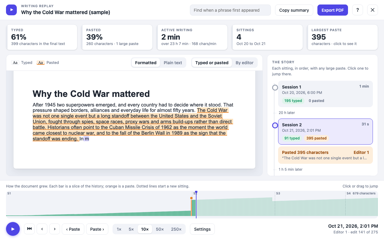 The Doc Replay viewer showing a sample essay, a growth chart and a list of writing sessions.